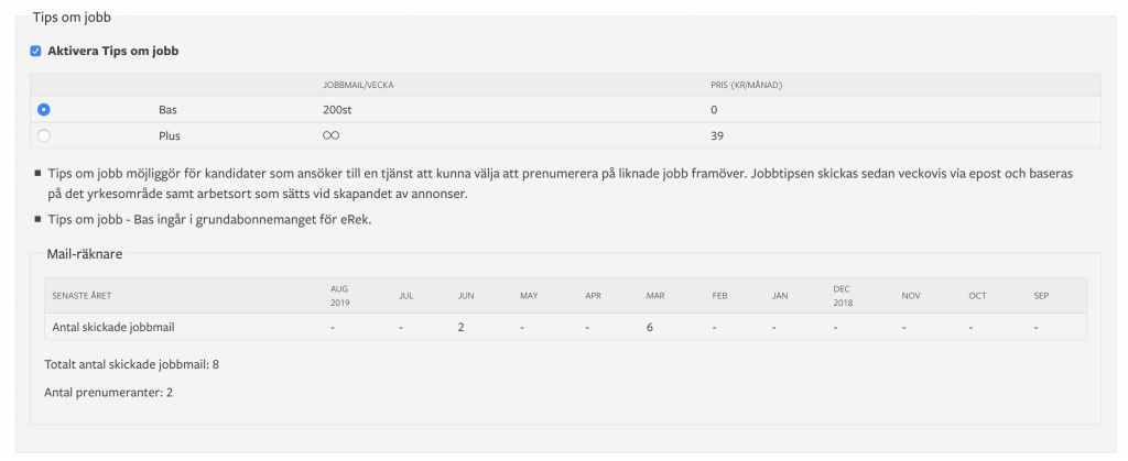 Tips om jobb - en funktion som låter människor prenumerera på framtida jobb som kommer ut via Recrutos rekryteringsverktyg